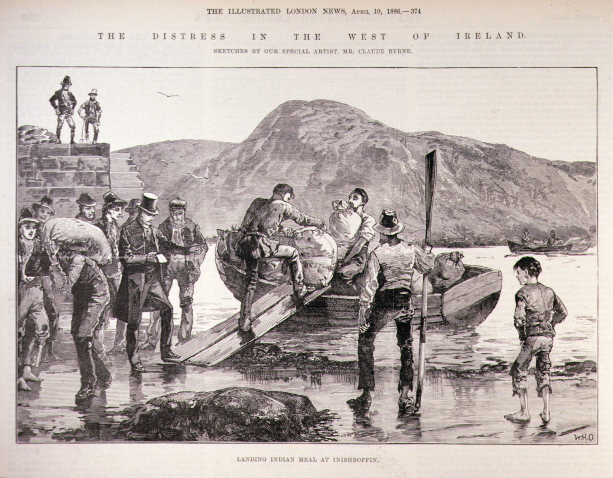 La angustia en el oeste de Irlanda: Desembarco de comida india en Inishboffin, de The Illustrated London News, 4 de octubre de 1886 de English School