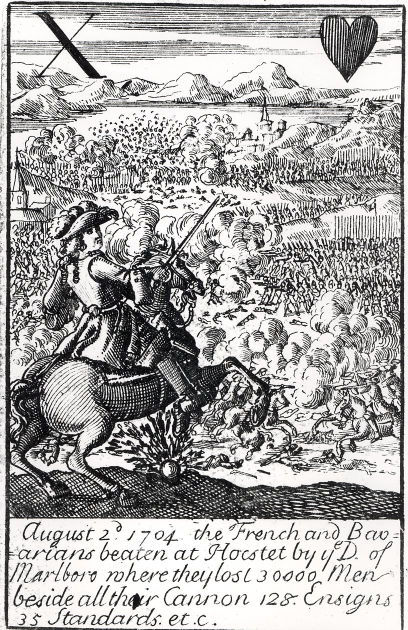 El Duque de Marlborough derrota a los franceses y bávaros en la Batalla de Blenheim, 2 de agosto de 1704, carta de juego inglesa de English School
