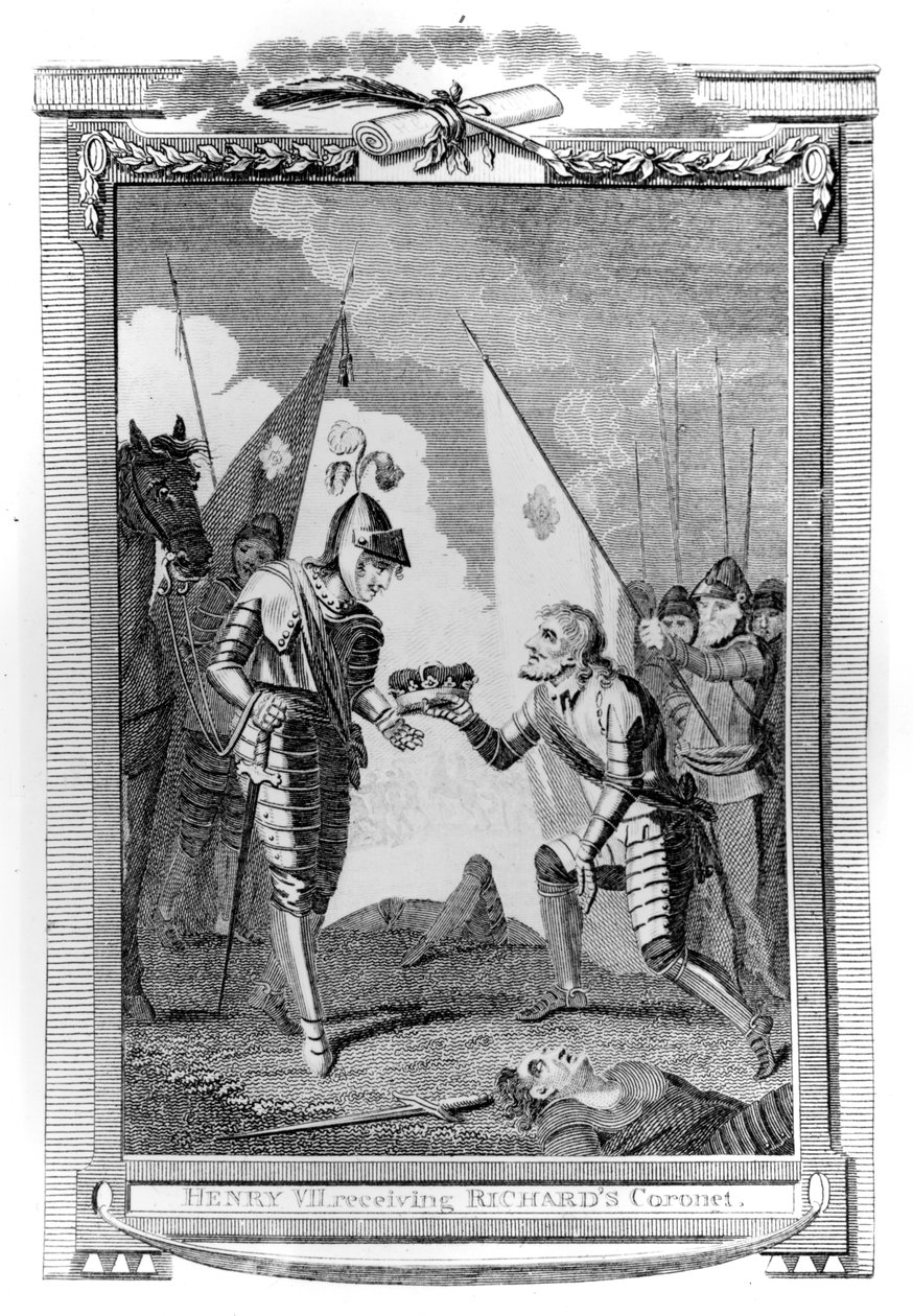El Conde de Richmond presentado con la Corona de Inglaterra después de la Batalla de Bosworth de English School