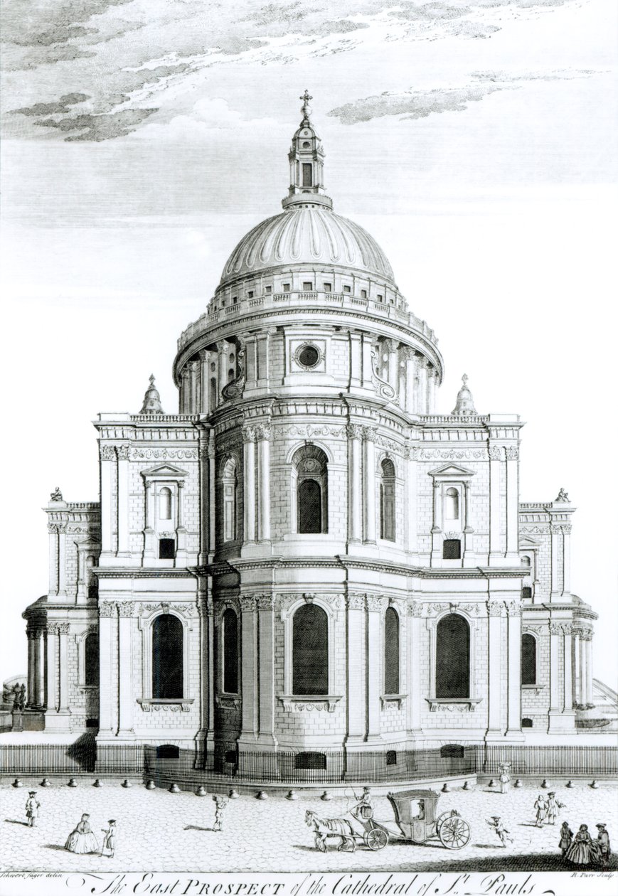 La perspectiva este de la Catedral de San Pablo, grabado por R. Parr de English School