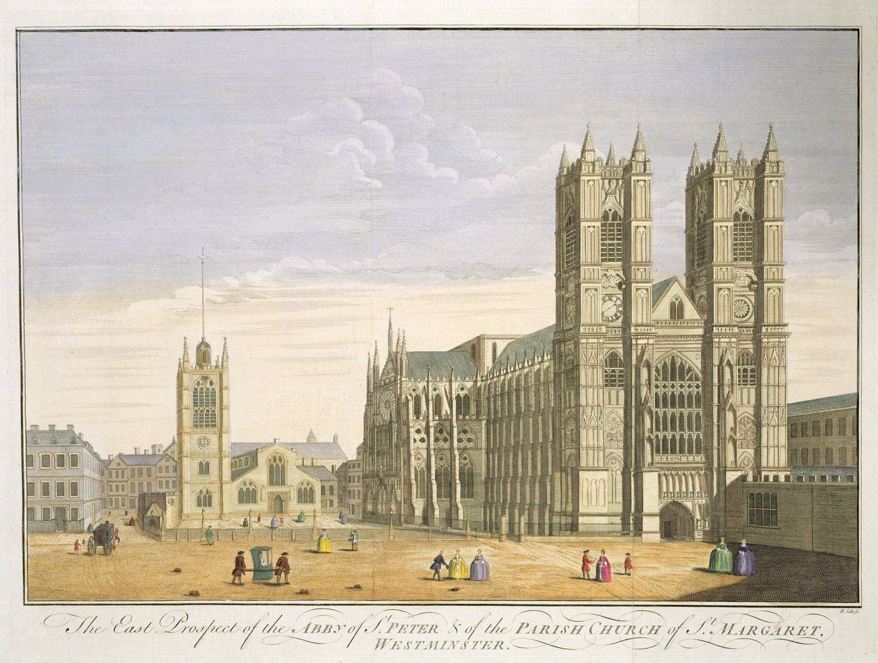 La perspectiva este de la Abadía de San Pedro y la Iglesia Parroquial de Santa Margarita, Westminster, grabado por B. Cole (fl.1748-75) de English School
