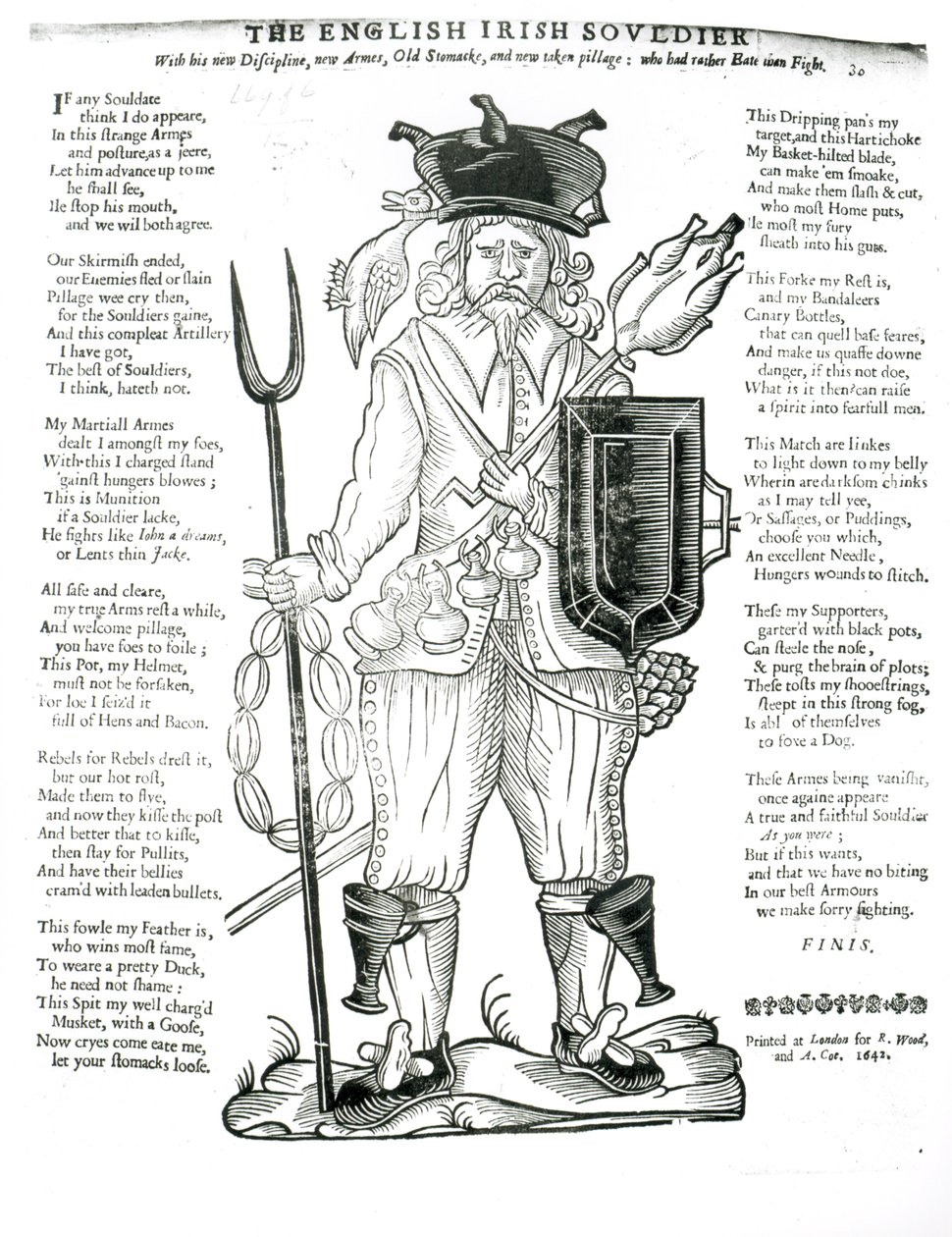 El soldado inglés irlandés, con su nueva disciplina, nuevas armas, viejo estómago y nuevo botín: quien prefiere comer que luchar, hoja satírica, pub. 1642 de English School