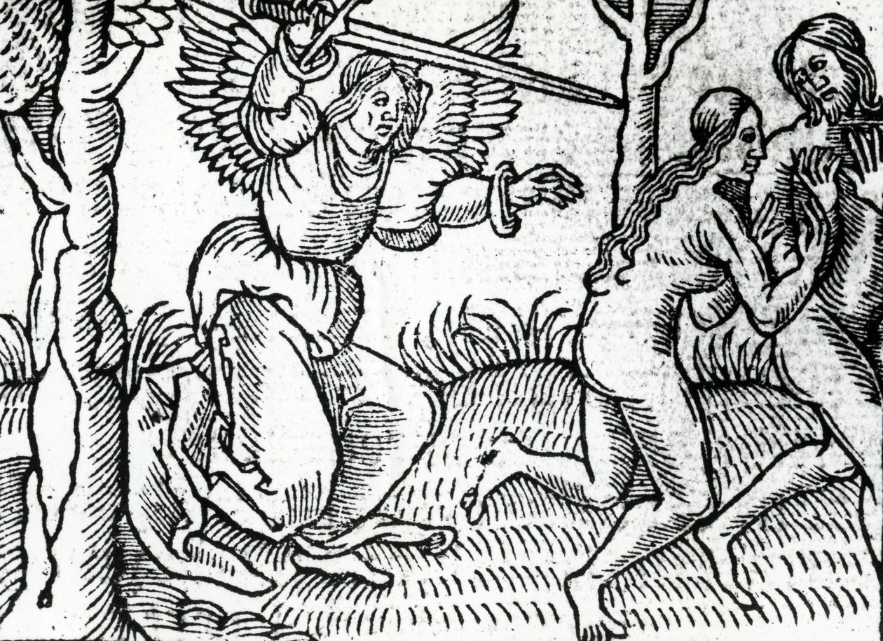 La expulsión del Jardín del Edén, ilustración de la Biblia de Cranmer, 1540 de English School