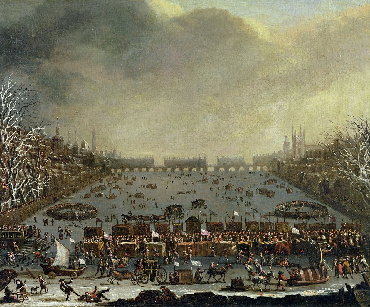 La feria de hielo del invierno de 1683-4 en el Támesis, con el Puente de Londres antiguo en la distancia. c.1685 de English School