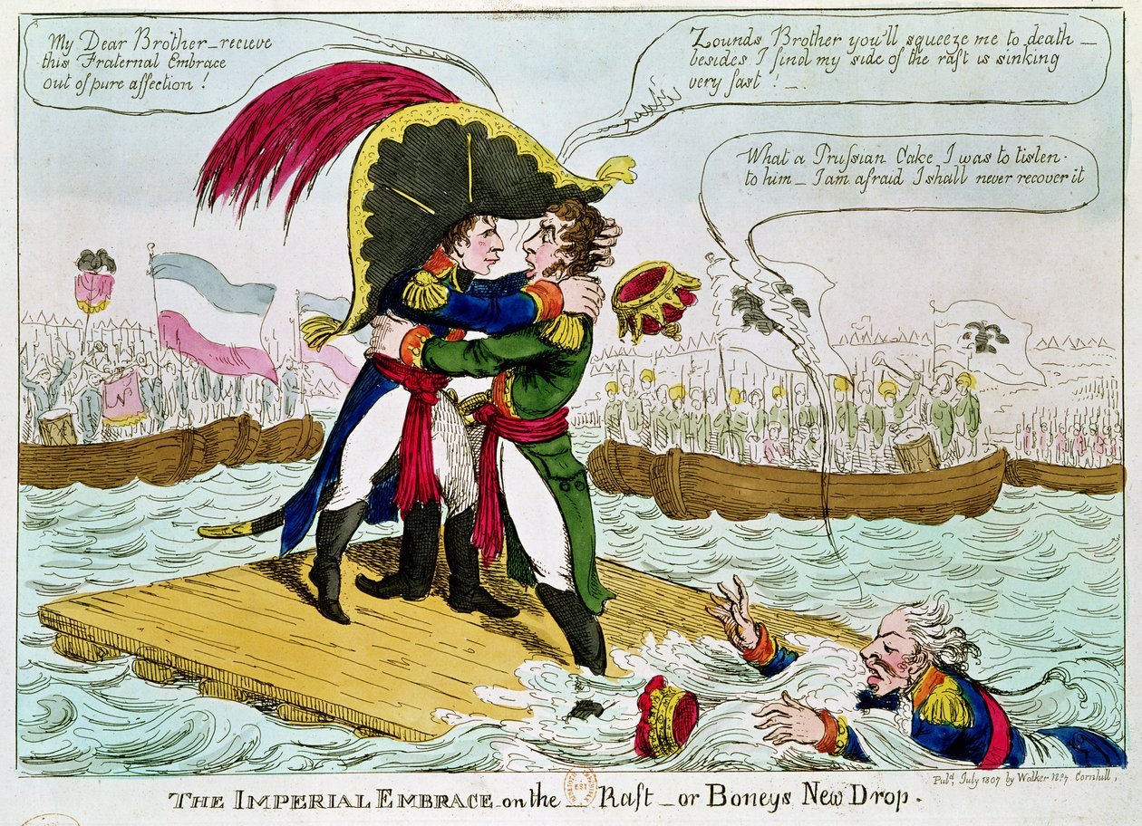 El abrazo imperial o la nueva gota de Boney, publicado por Walker, Londres, julio de 1807 de English School