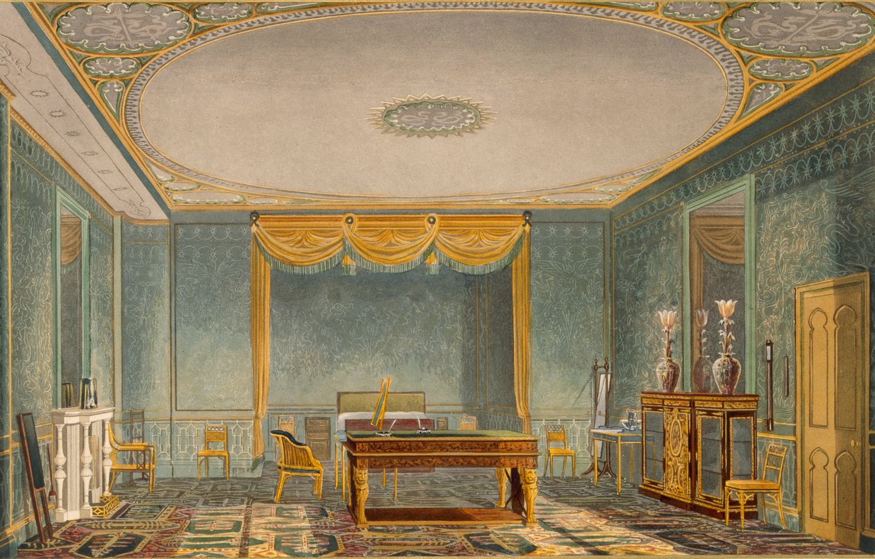 El Dormitorio del Rey, de Vistas del Pabellón Real, Brighton por John Nash (1752-1835) 1826 (acuafuerte) de English School