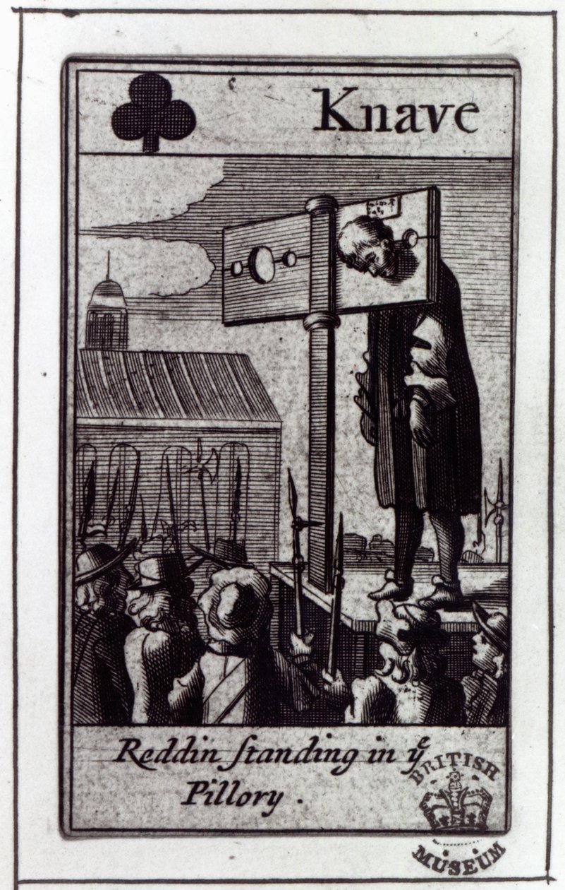 El Knave de tréboles, de un mazo de cartas relacionado con el Complot Papista de 1678 y la condena de Nathaniel Reading, 1679 de English School