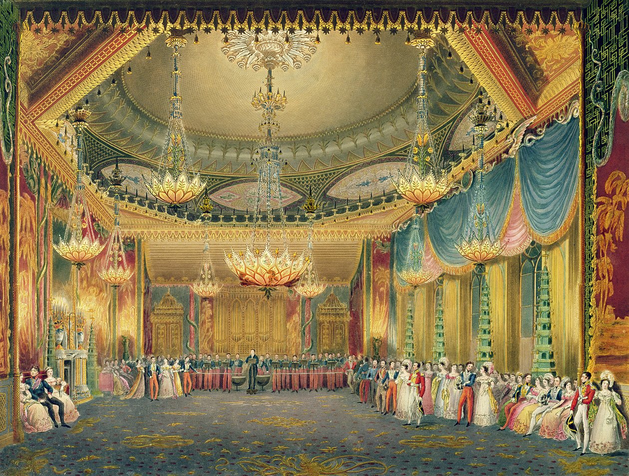 La Sala de Música, de Vistas del Pabellón Real, Brighton por John Nash (1752-1835) 1826 (acuafuerte) de English School