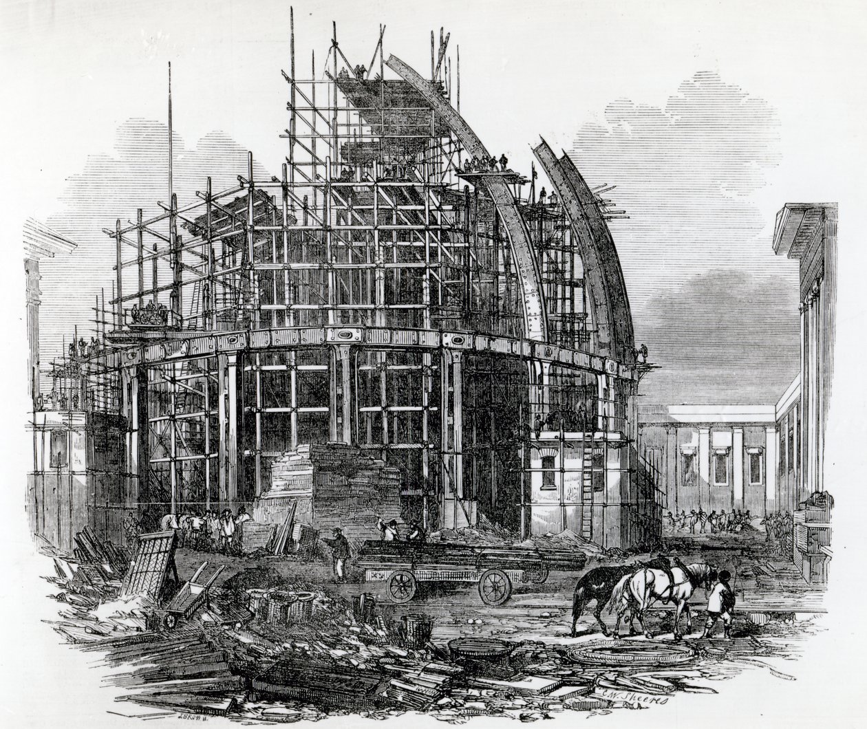 La nueva sala de lectura en el Museo Británico, en construcción, grabado por C.W. Sheeres, publicado en 