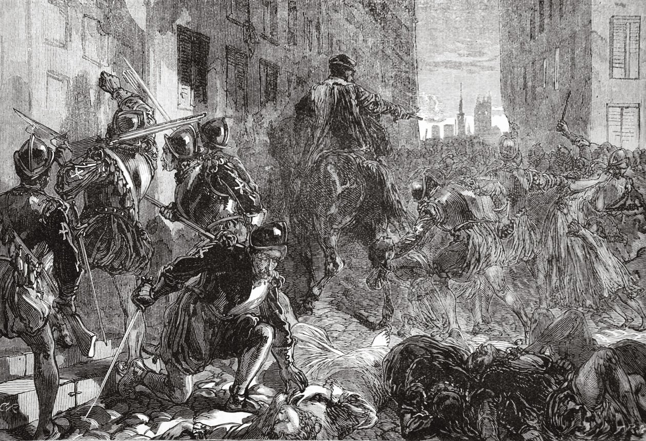 La noche de la masacre de San Bartolomé, ilustración de La Historia del Protestantismo de James Aitken Wylie, pub. 1878 de English School