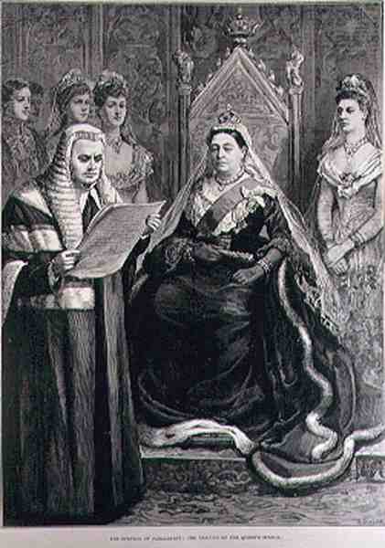 La apertura del Parlamento: La lectura del discurso de la Reina, grabado por R. Taylor, de The Illustrated London News, 30 de enero de 1886 de English School