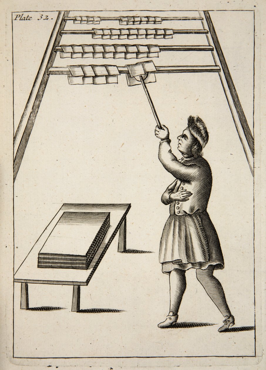 El Prensista Colgando Papel, Mechanick Exercises: or The Doctrine of Handy-Works applied to the Art of Printing, pub. 1683 de English School