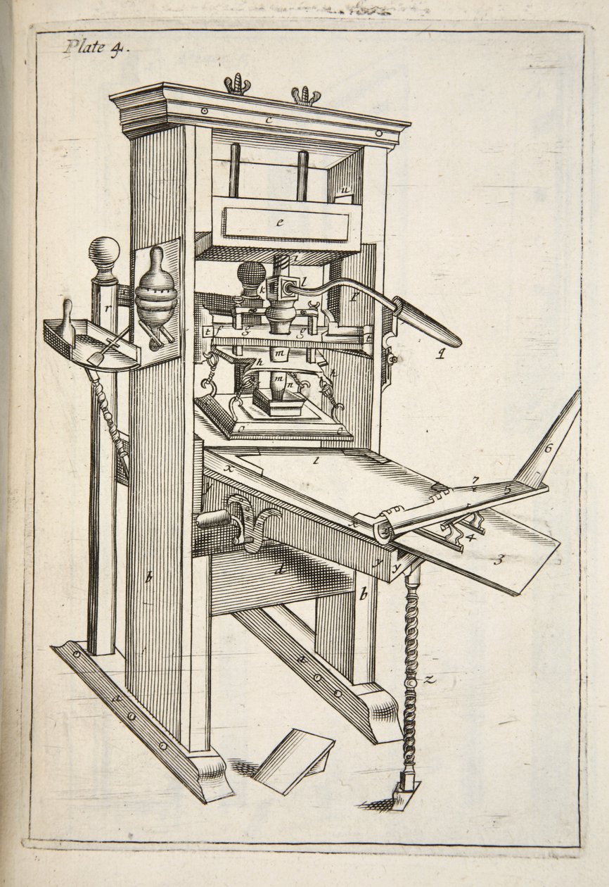 La Prensa de Imprenta, de Mechanick Exercises: or The Doctrine of Handy-Works applied to the Art of Printing, pub. 1683 de English School