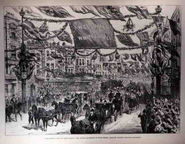 La Visita de la Reina al Este de Londres: La Procesión Real en la Calle Alta, Aldgate, Pasando el Límite de la Ciudad de English School