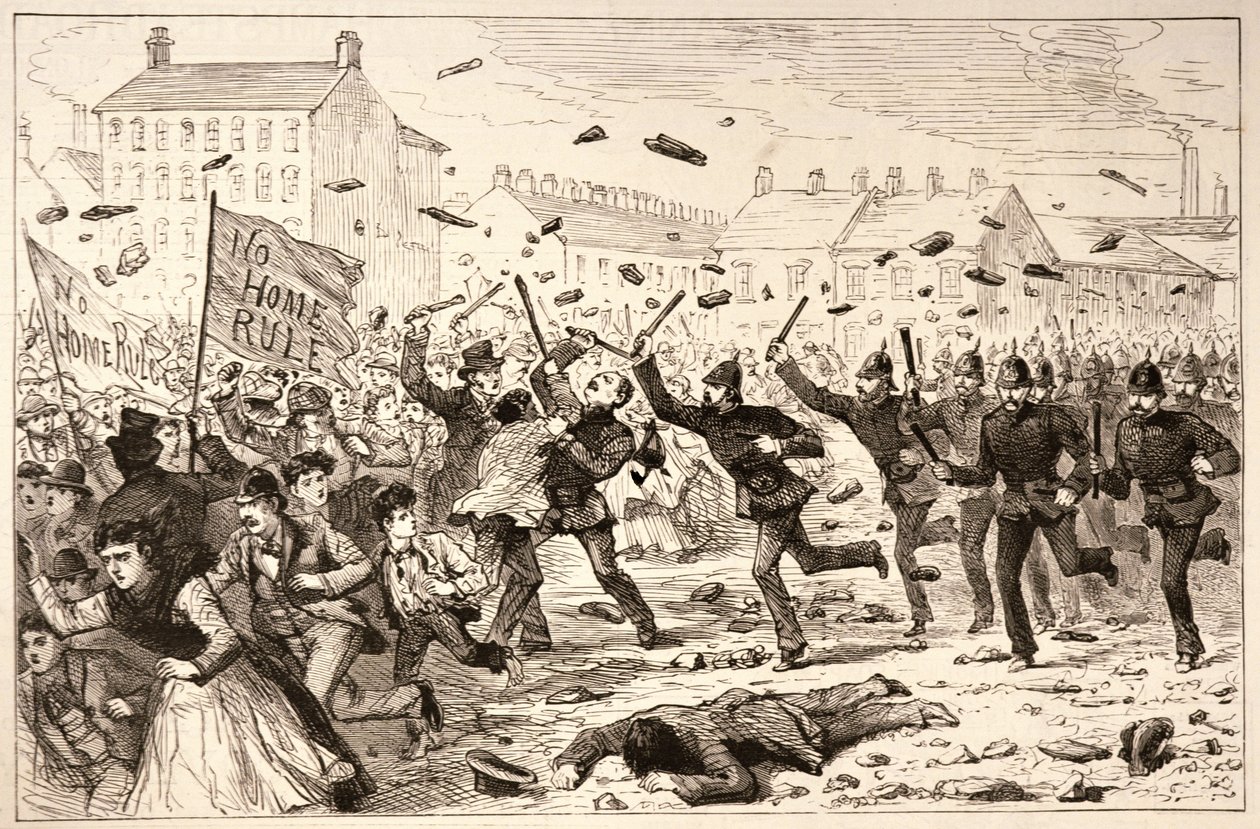 Los disturbios en Belfast: La policía cargando contra la multitud en los campos de ladrillos, de 