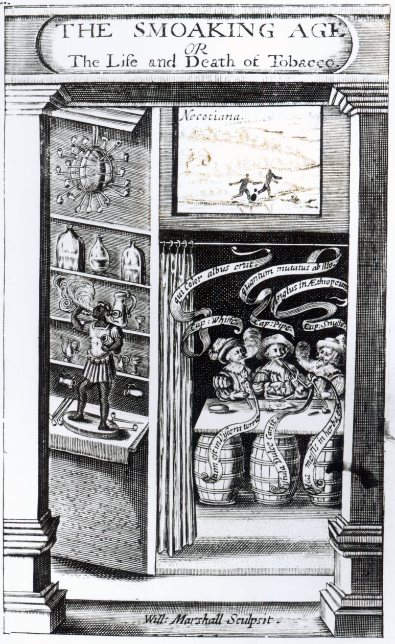 La era del tabaco o, La vida y muerte del tabaco, grabado por William Marshall, 1617 de English School