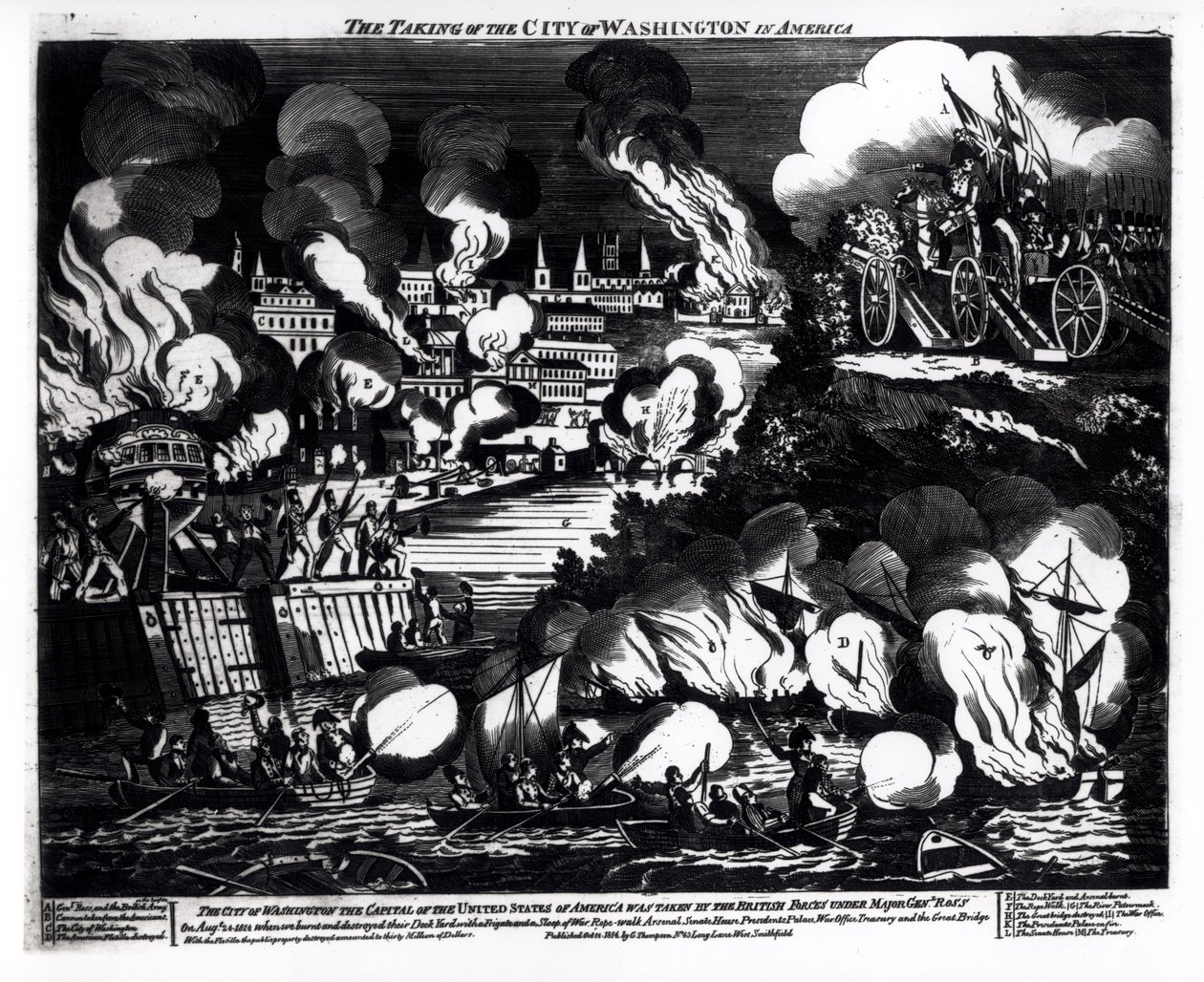 La toma de la ciudad de Washington en América, 24 de agosto de 1814, pub. por G. Thompson, 1814 de English School