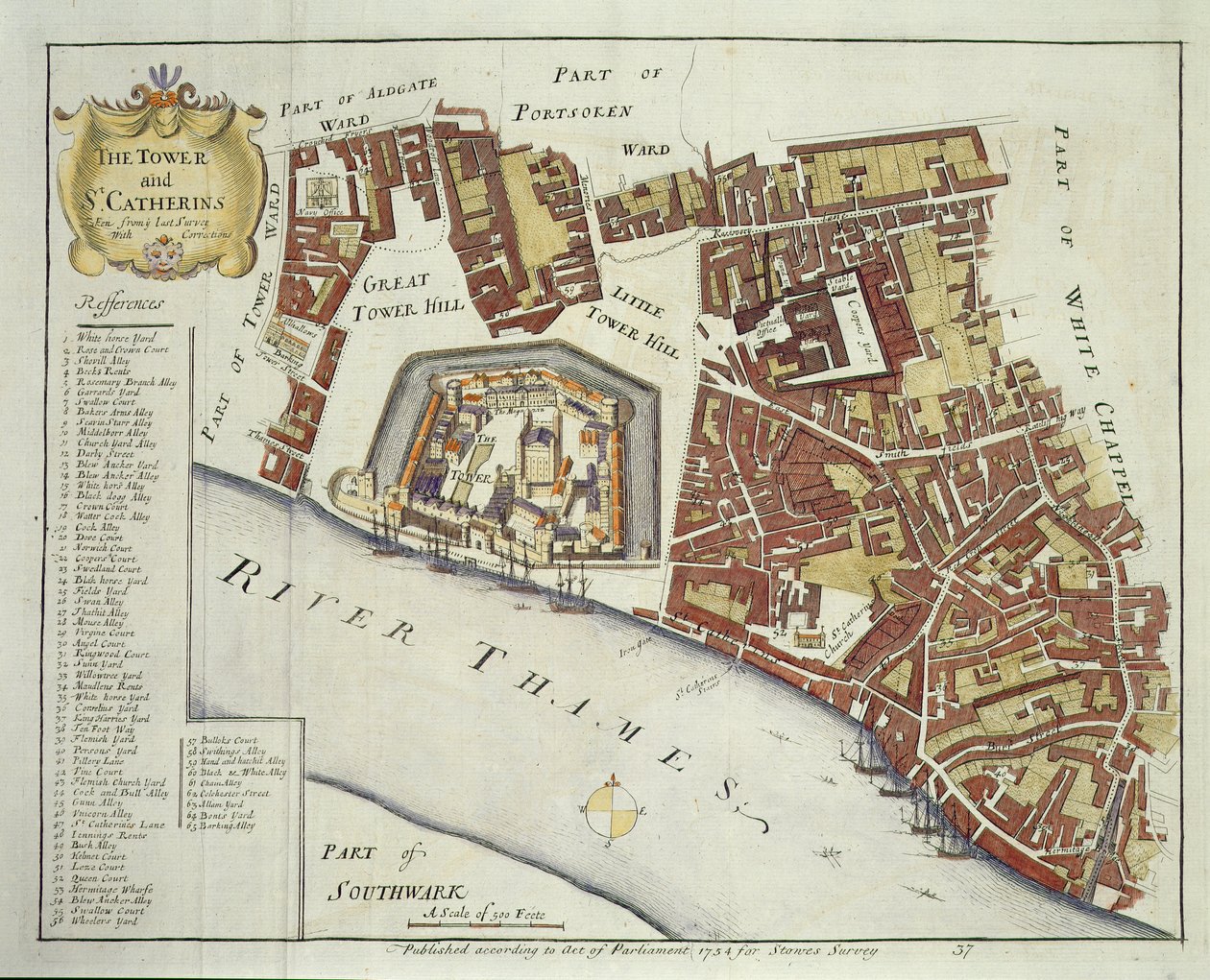 La Torre y St. Catherines, para Stows Survey of London, pub. 1754 de English School