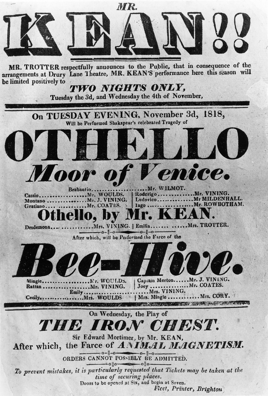 Cartel de teatro anunciando actuaciones de Mr. Kean, 1818 de English School
