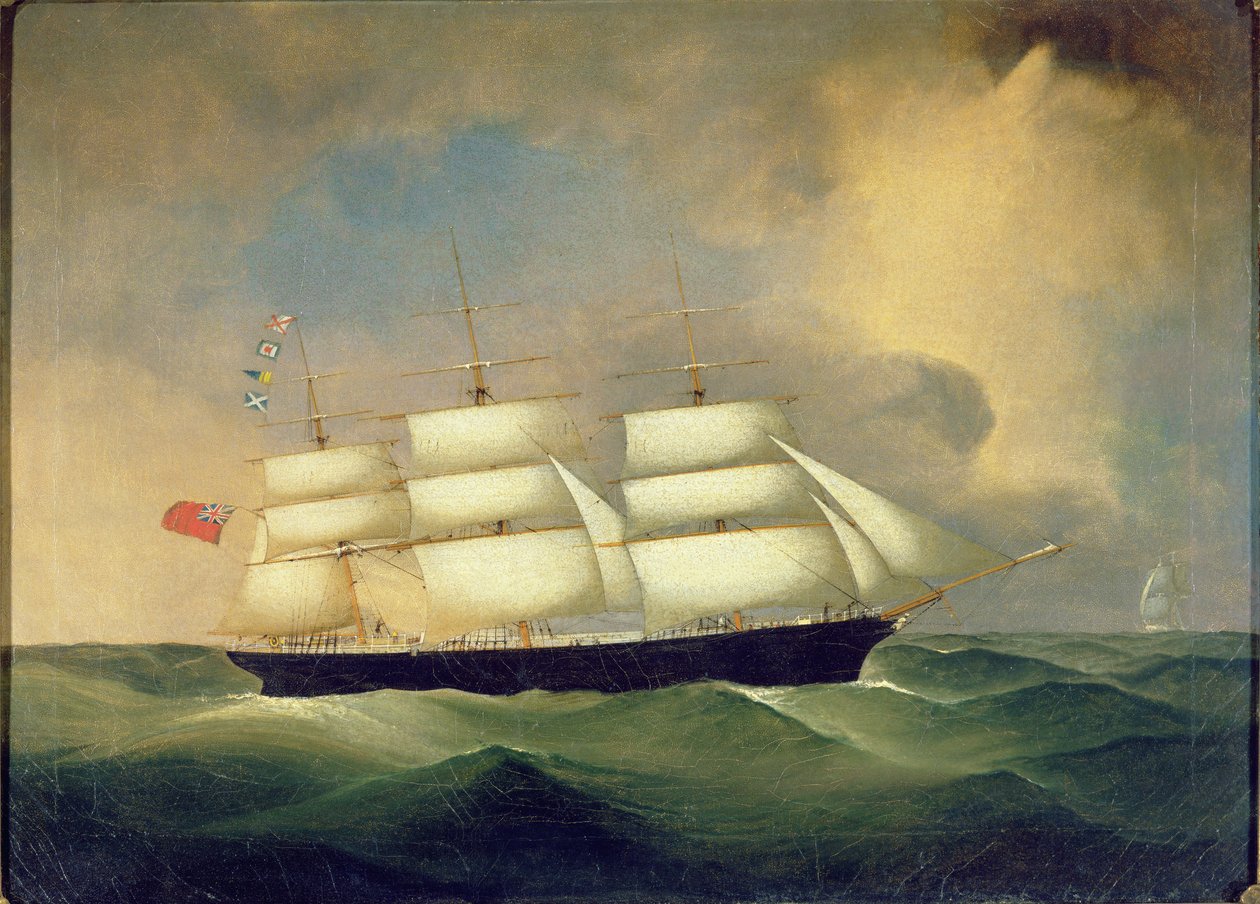 Clipper inglés de tres mástiles en el mar de English School