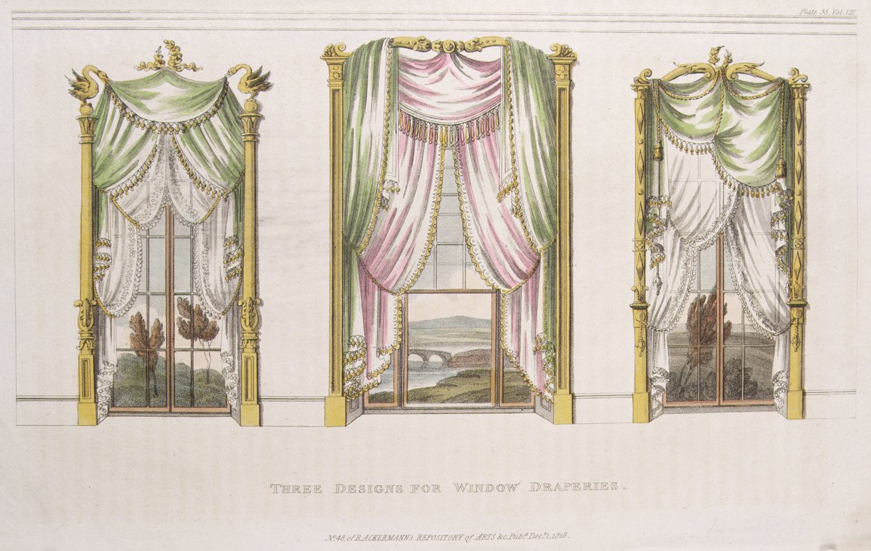 Tres diseños para cortinas de ventana, lámina 107 de Ackermanns Repository of Arts, publicado en 1819 de English School
