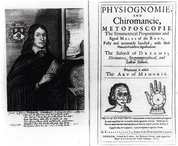 Página de título de Fisiognomía y Quiromancia: El arte de la memoria por Richard Sanders, con un retrato del autor, publicado en 1653 de English School