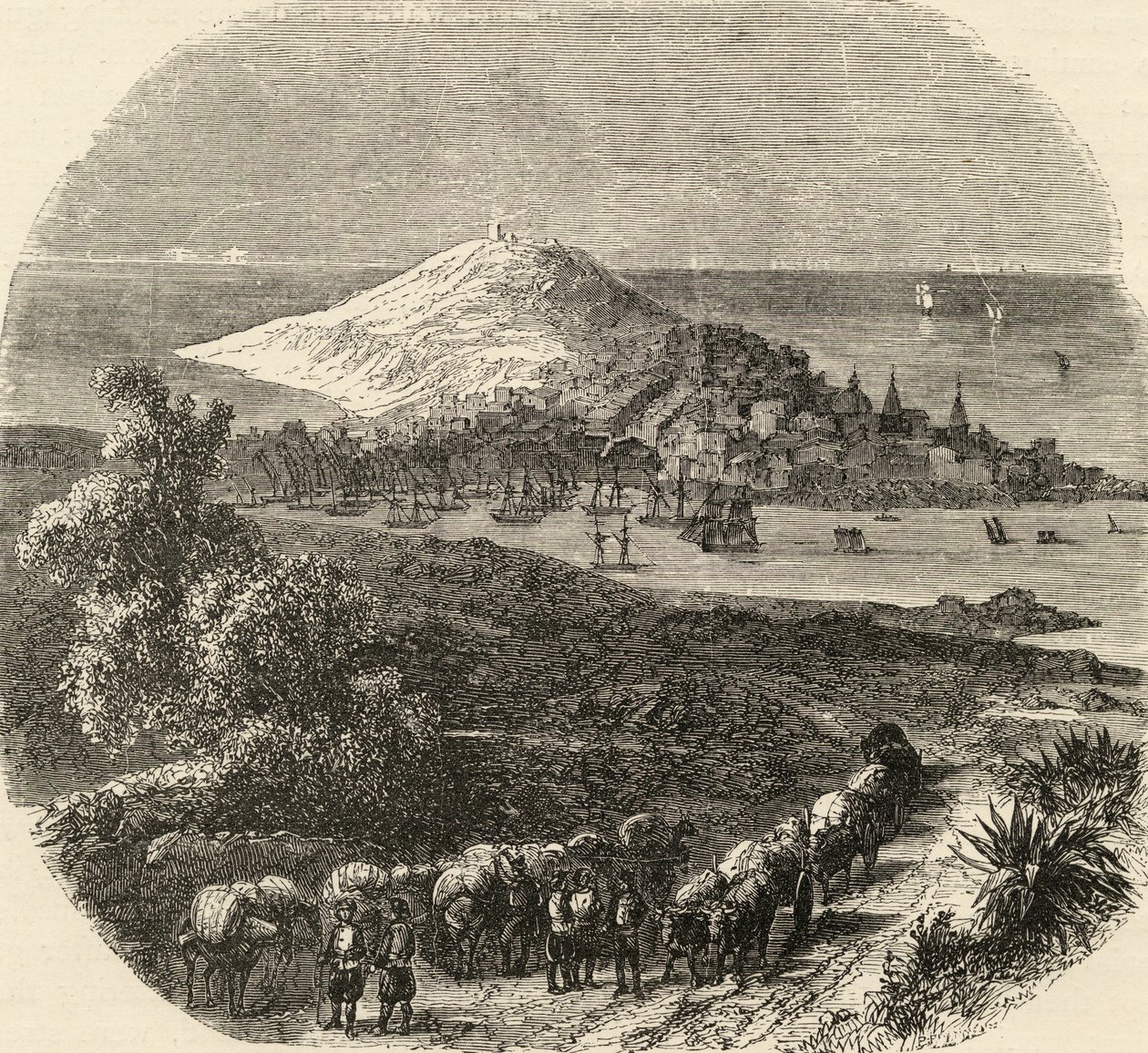 Ciudad y Bahía de Coruna, España, ilustración de 
