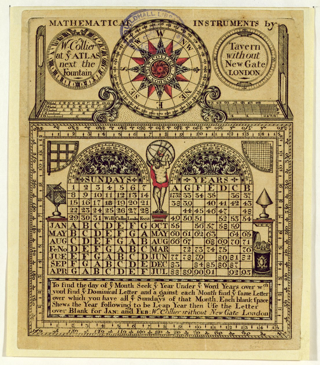 Tarjeta comercial de W. Collier, fabricante de instrumentos matemáticos, 1731 de English School