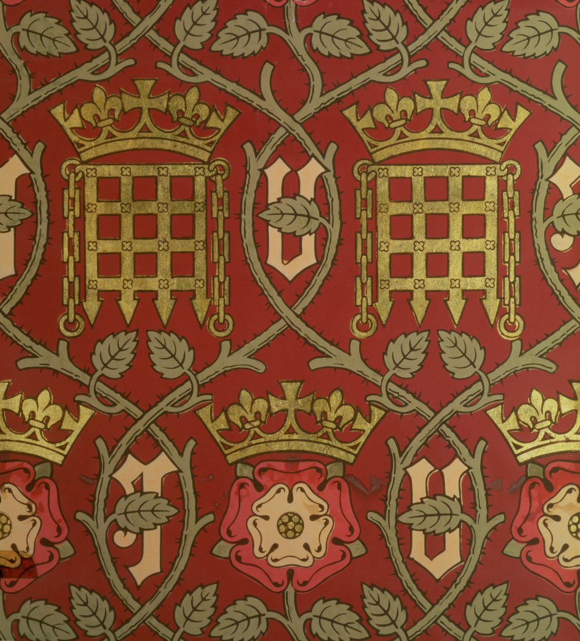 Rosa Tudor, papel tapiz de reproducción diseñado por S. Scott y producido por Cole & Sons, basado en un diseño de Augustus Charles Pugin (1762-1832) para las Casas del Parlamento, 1845-50 de English School