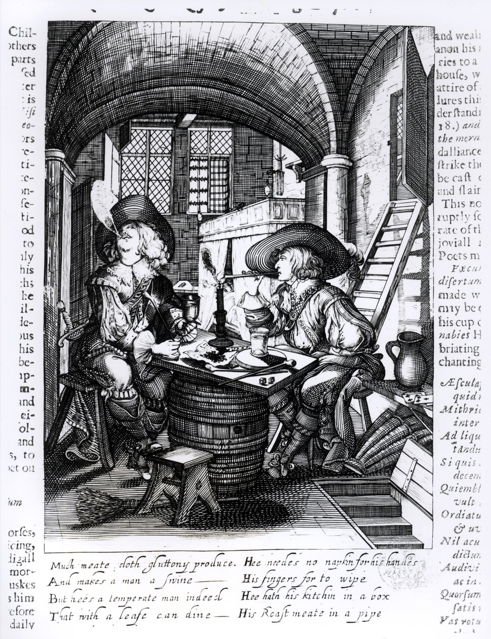 Dos jóvenes nobles fumando, una ilustración pro-tabaco del reinado de Jacobo I (1566-1625) de English School