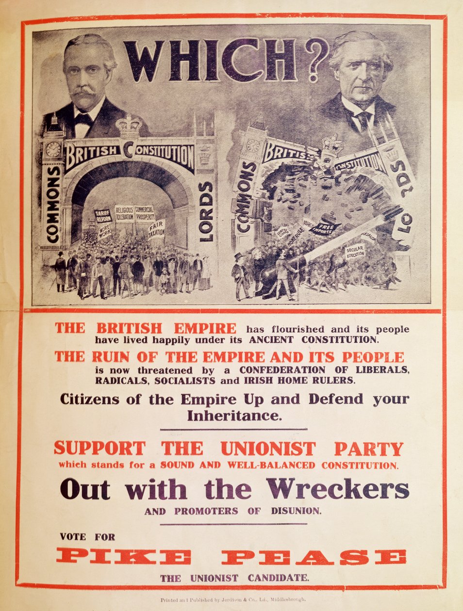 Póster del Partido Unionista para las elecciones generales británicas de enero de 1910 de English School
