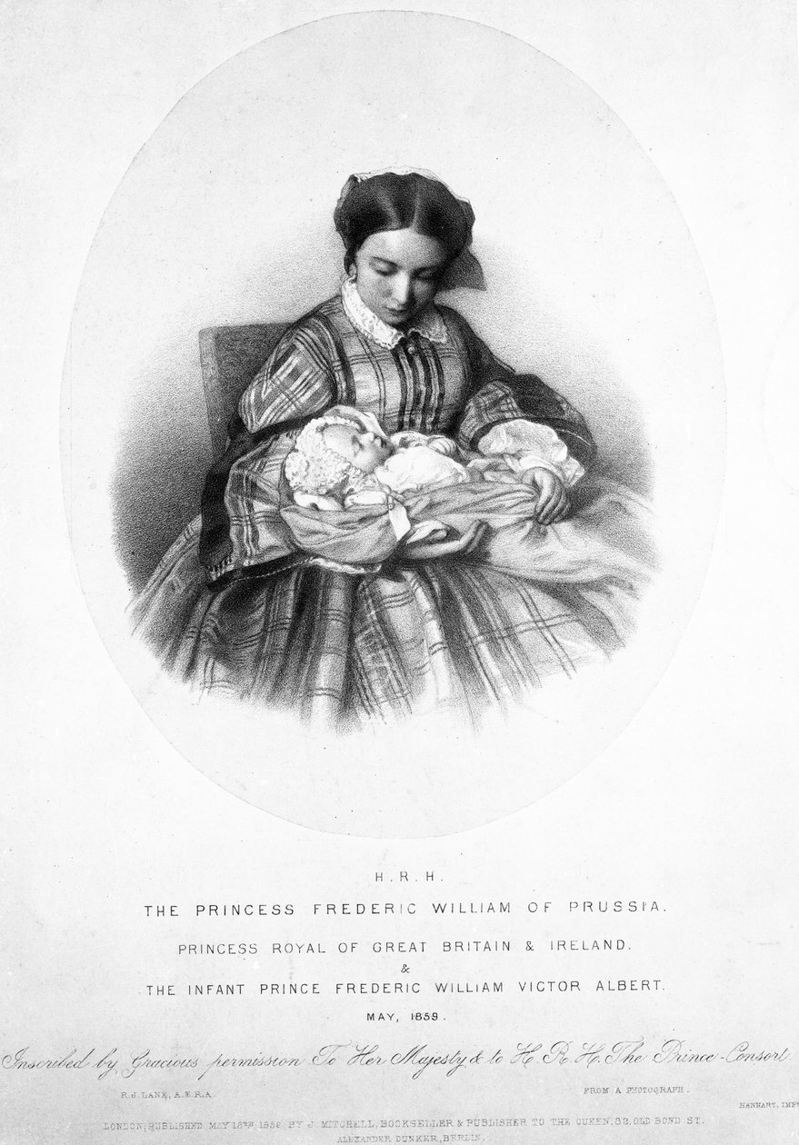 Victoria, la Princesa Real (1840-1901) con su hijo, el Príncipe Federico Guillermo Víctor Alberto, mayo de 1859, a partir de una fotografía de English School