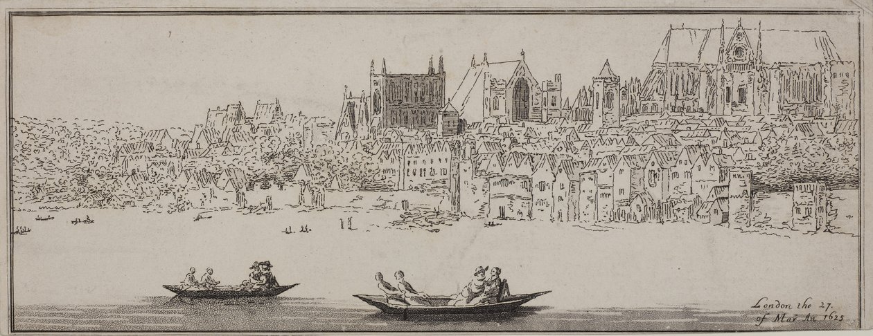 Vista de la Abadía de Westminster y el Palacio de Westminster desde el río Támesis con barcos en primer plano, c.1750 de English School