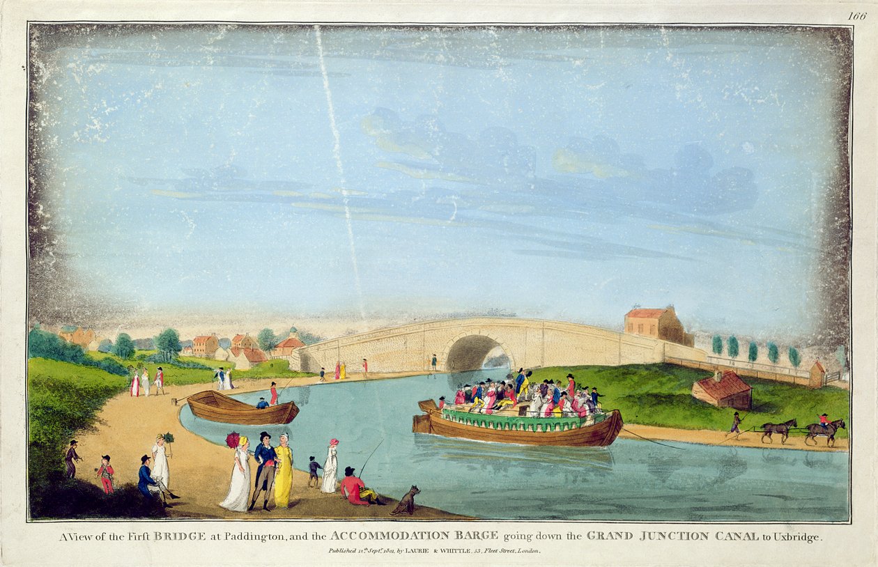 Vista del Primer Puente, Paddington y la Barca de Alojamiento bajando por el Gran Canal de Junction hacia Uxbridge, 1801 de English School