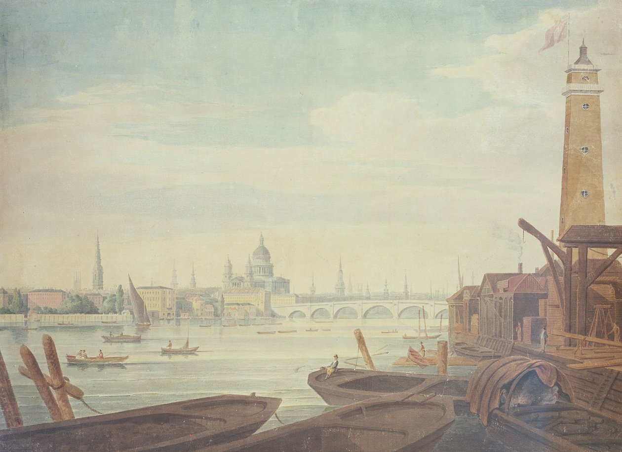 Vista del Templo, San Pablo y el Puente de Blackfriars, desde la Fábrica de Tiros de Maltby, 1760 de English School