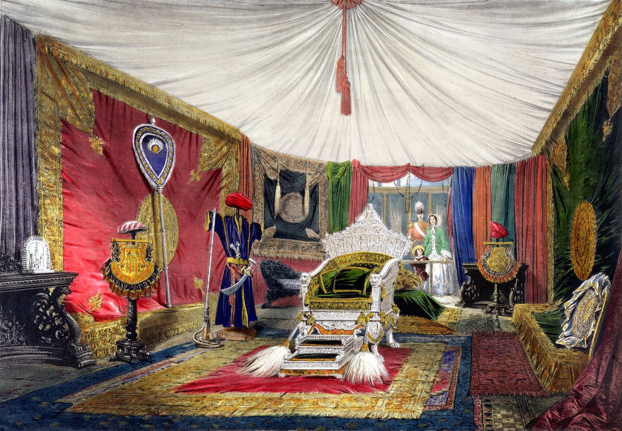 Vista de la sala de tiendas y el trono tallado en marfil, en la sección de la India de la Gran Exposición de 1851, de las Imágenes Comprensivas de Dickinson de English School
