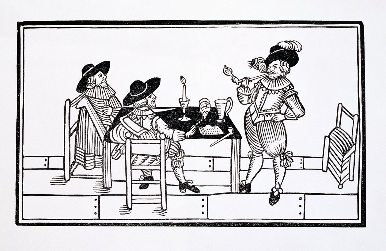 Vinateros en una taberna Tudor, de un folleto Salud para Todos, 1642 de English School
