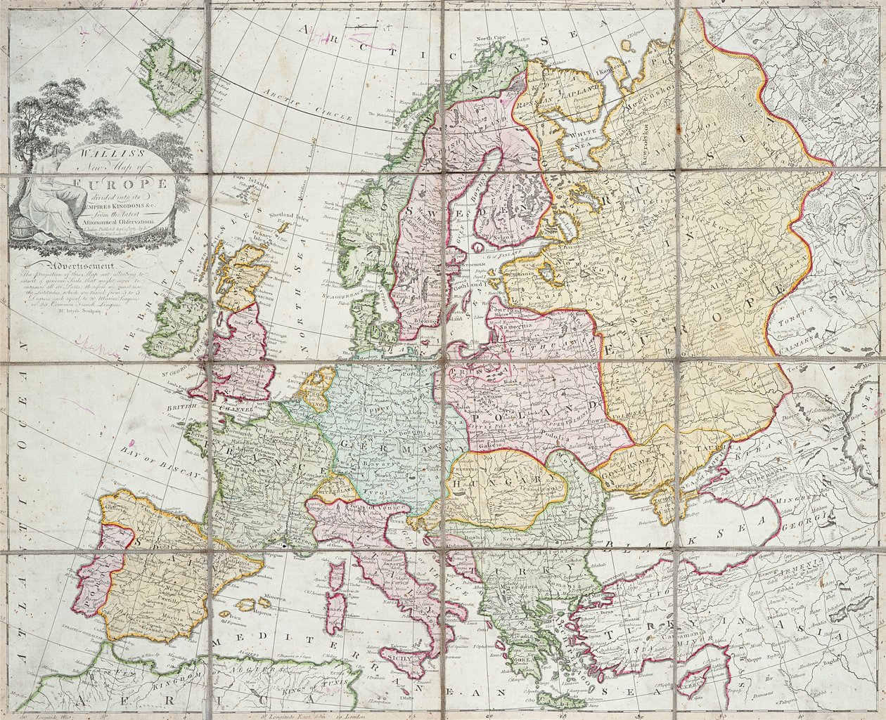 Nuevo mapa de Europa de Wallis dividido en sus imperios y reinos, 1789 (grabado coloreado a mano) de English School