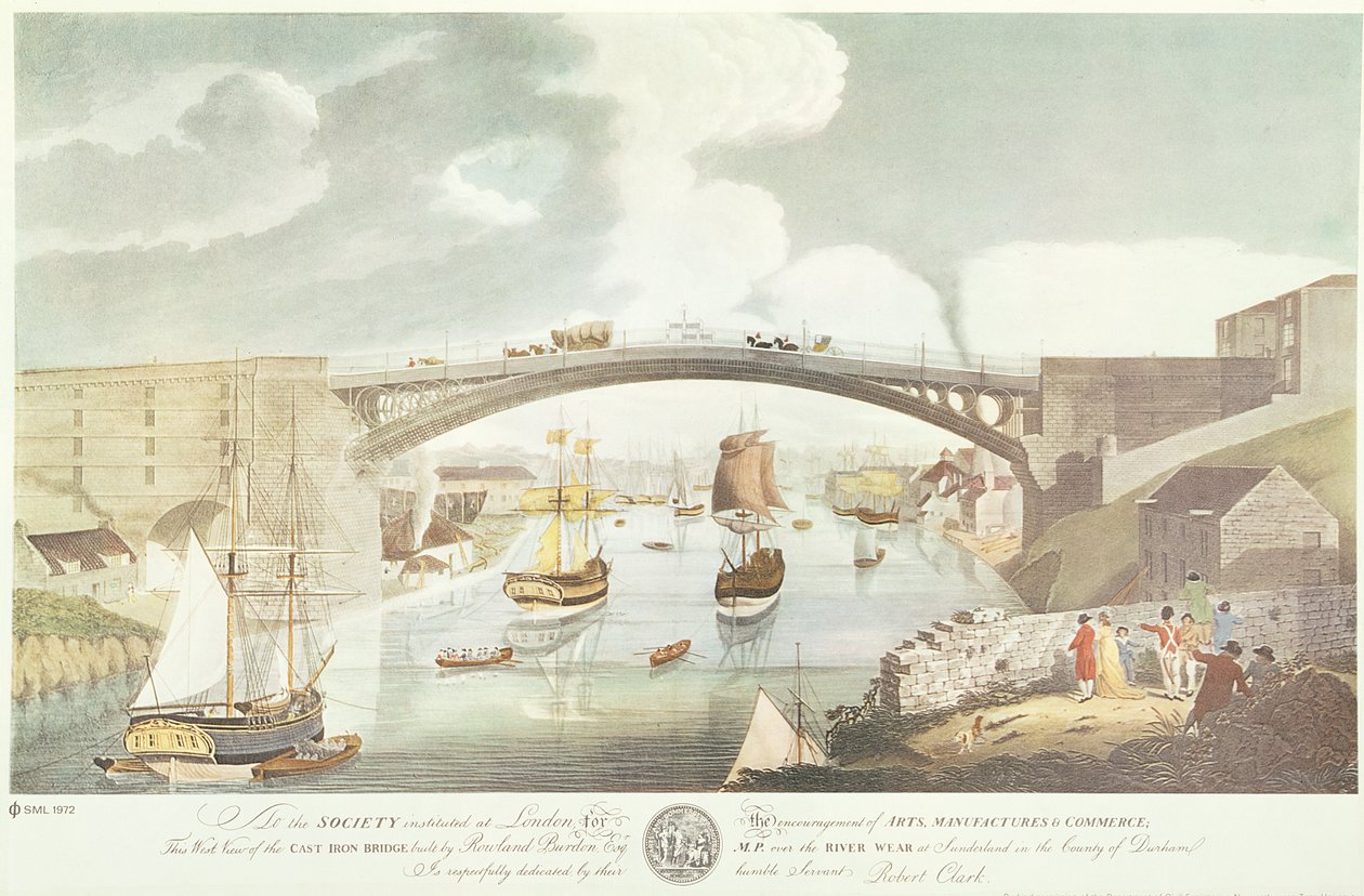 Vista oeste del puente de hierro fundido construido por Rowland Burdon Esq., MP, sobre el río Wear en Sunderland, c.1796 (grabado coloreado a mano) de English School