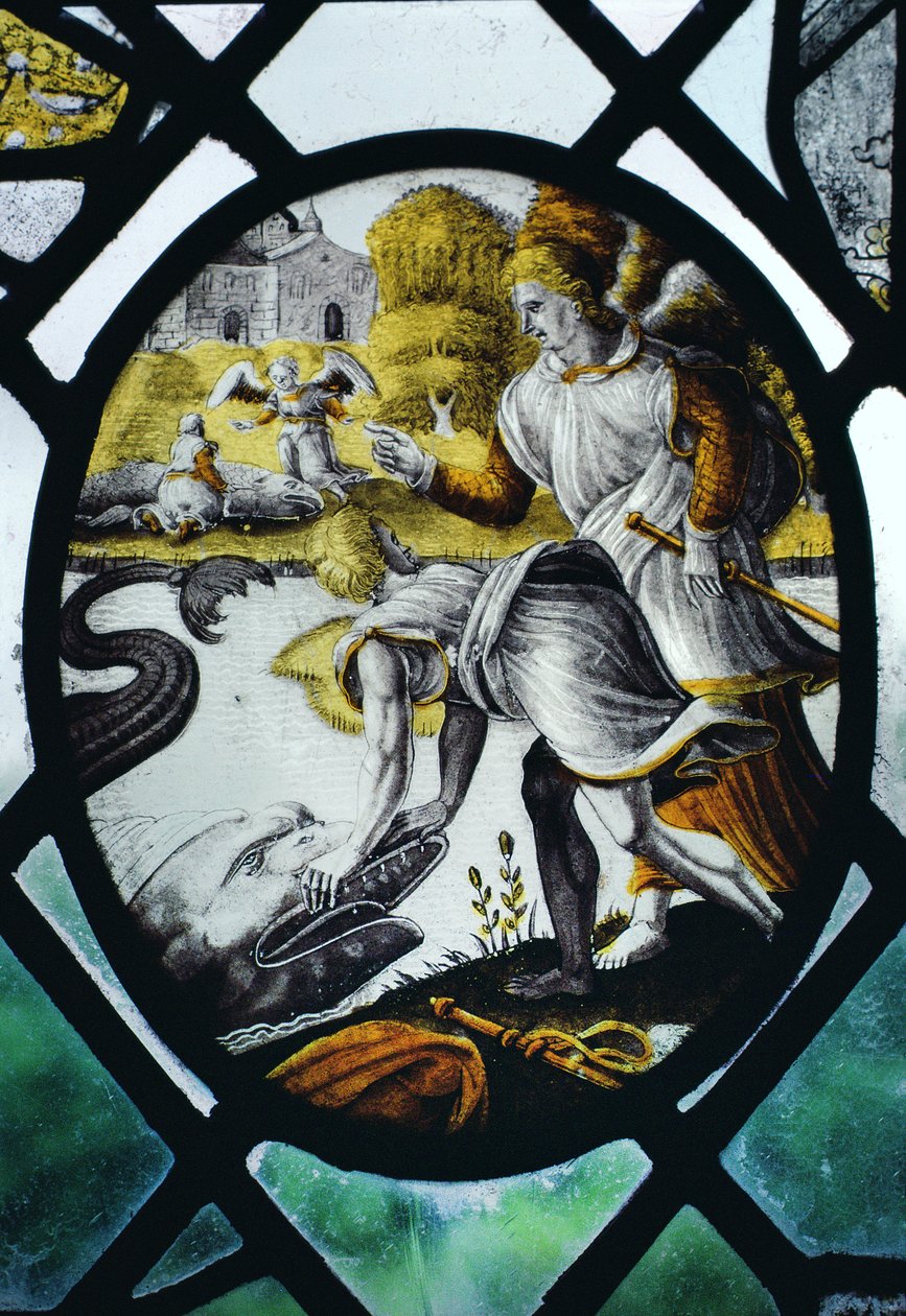 Ventana que representa a Tobías y al arcángel Rafael en el río Tigris de English School