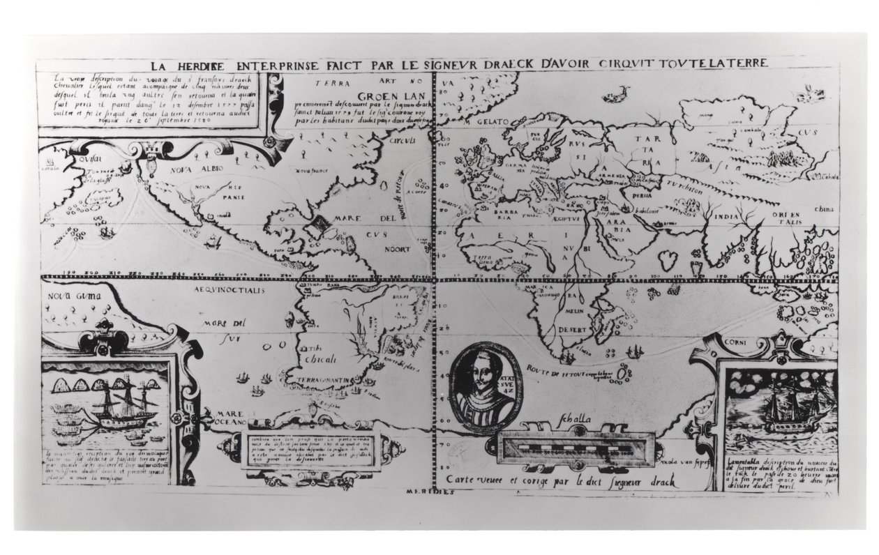 Mapa mundial detallando las expediciones y circunnavegación global de Sir Francis Drake (c.1540-96) 1577-2580 de English School
