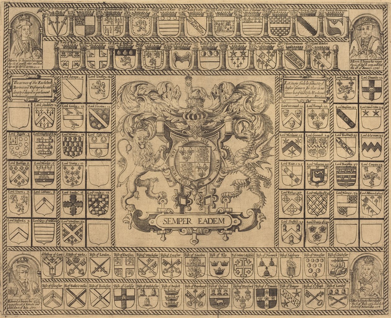 Escudos de armas con retratos en las esquinas de Enrique VII, Enrique VIII, Eduardo VI y María de English 16th Century