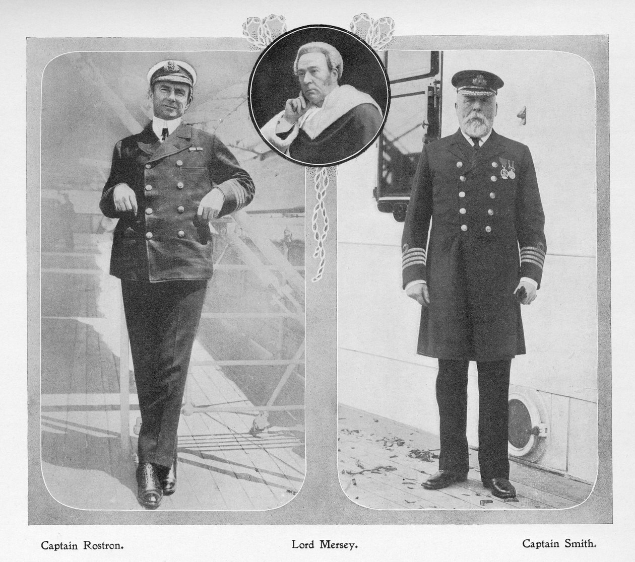 Arthur Henry Rostron, Capitán del RMS Carpathia que rescató a los sobrevivientes del Titanic (izquierda), Lord Mersey que encabezó la Comisión de Investigación del Titanic (centro) y Edward John Smith, Capitán del Titanic (derecha) de English Photographer