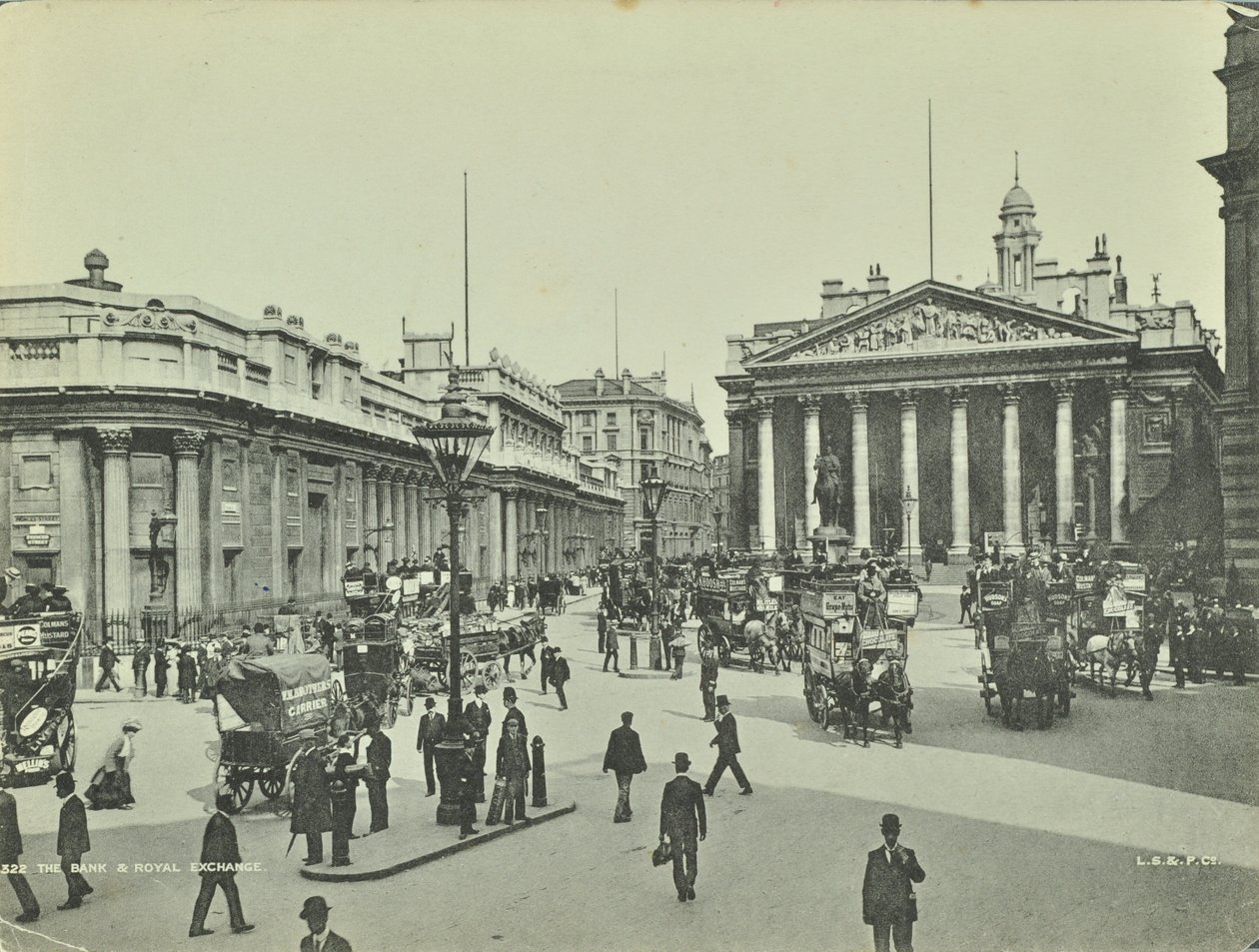 Banco de Inglaterra y Royal Exchange, Threadneedle Street, Ciudad de Londres, 1890 de English Photographer