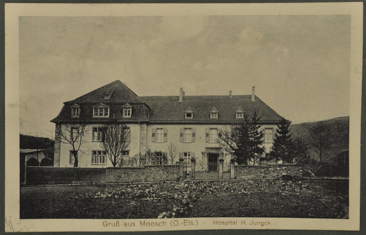 Saludos desde Moosch (O.-Els) - Hospital H. Jungck, postal desde Vosges, 1915 de English Photographer