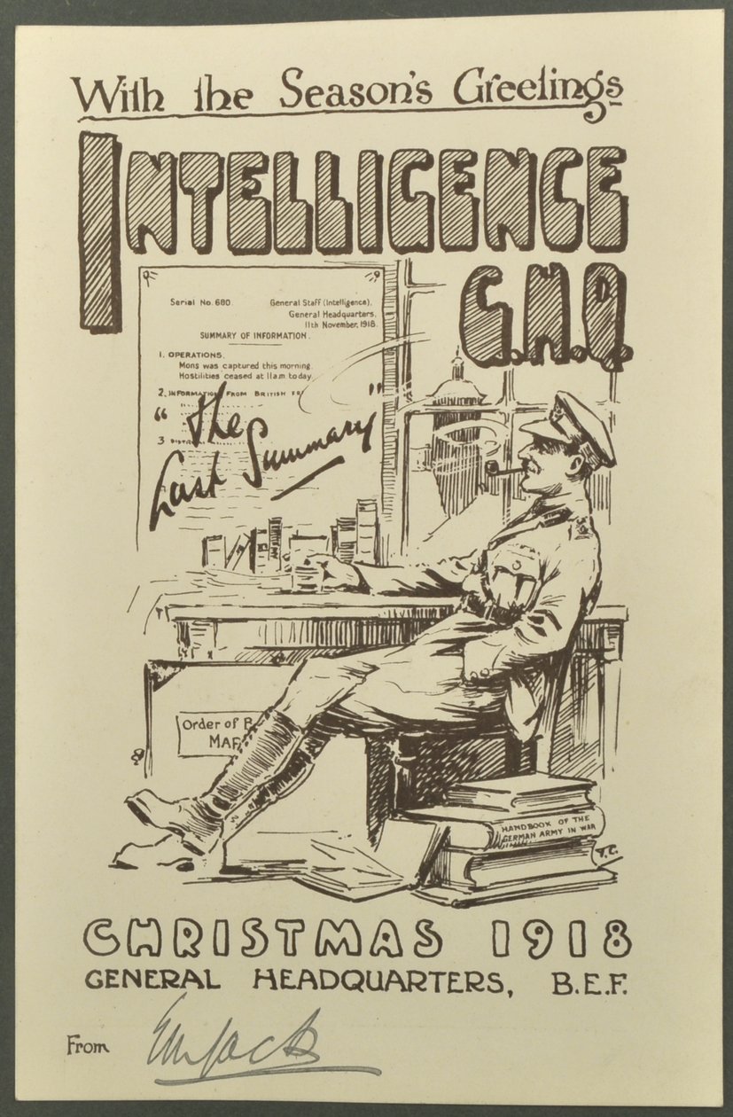 Con los saludos de temporada, Inteligencia G.H.Q., Navidad 1918 de E. M. Jack, 1918 de English Photographer