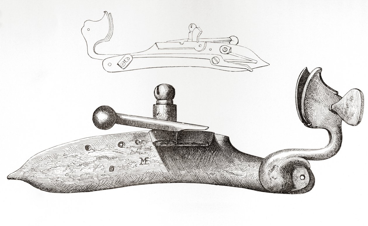 Matchlock del siglo XVII. Mecanismo o cerrojo utilizado para disparar un arma de fuego manual, de The British Army: Its Origins, Progress and Equipment, publicado en 1868. de English School