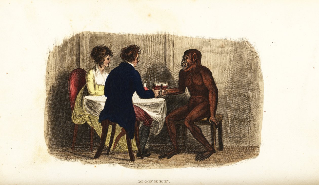 Pareja holandesa del siglo XVIII bebiendo vino con un orangután de Borneo en la mesa del comedor de English School
