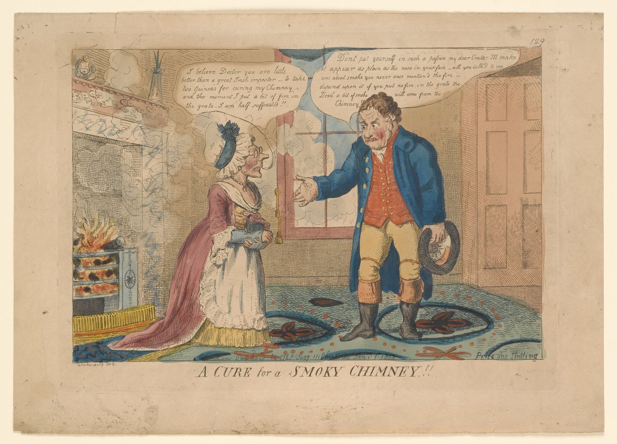 ¡Una cura para una chimenea humeante!!, dibujado por G. M. Woodward, 1808 de English School