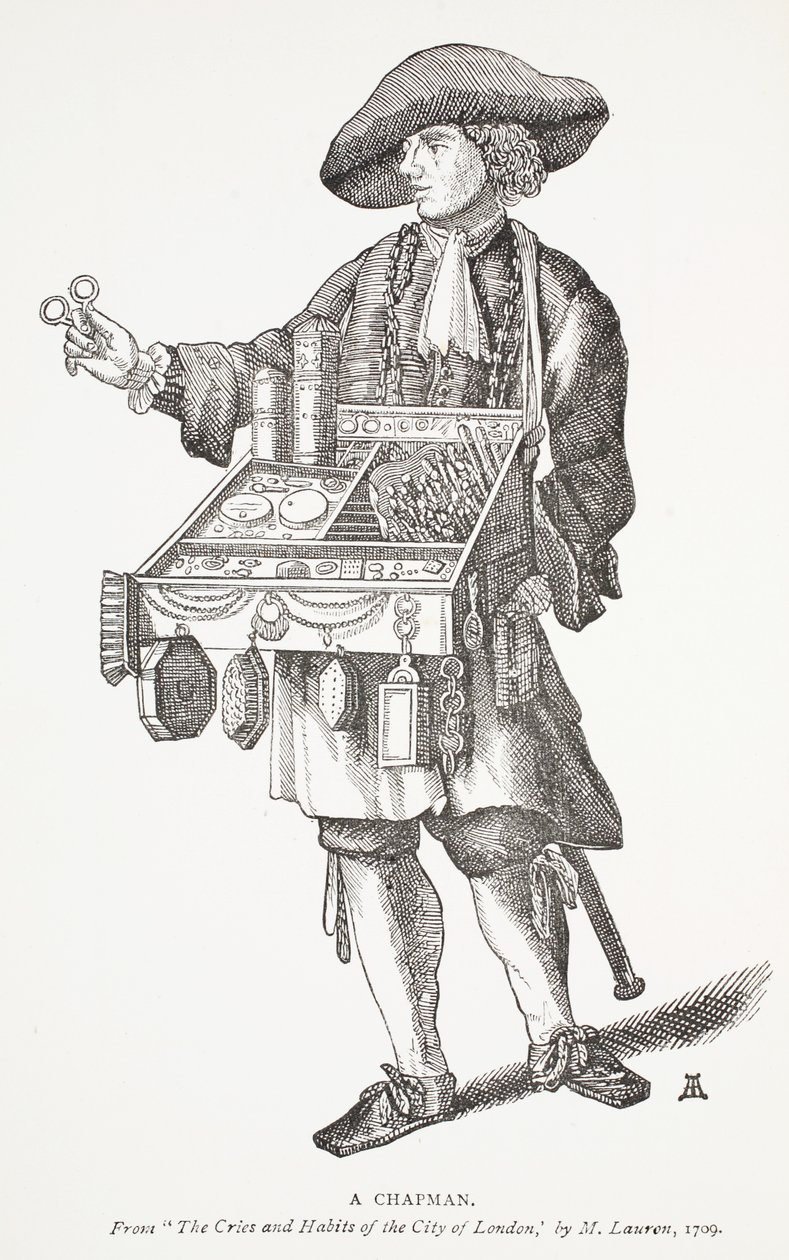 Un vendedor ambulante, de The Cries and Habits of the City of London por M. Lauren, 1709, ilustración de portada de Chap-books of the Eighteenth Century por John Ashton, pub. 1882 de English School